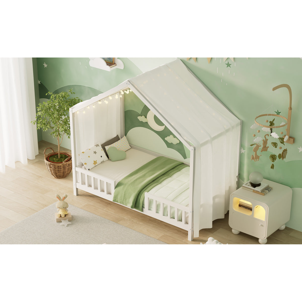 variant-group:rf-n733p356043k|Roomfitters Twin Montessori Floor Bed with Canopy, House Shape Wood Frame with Safety Rails, Youth Platform Bed, White