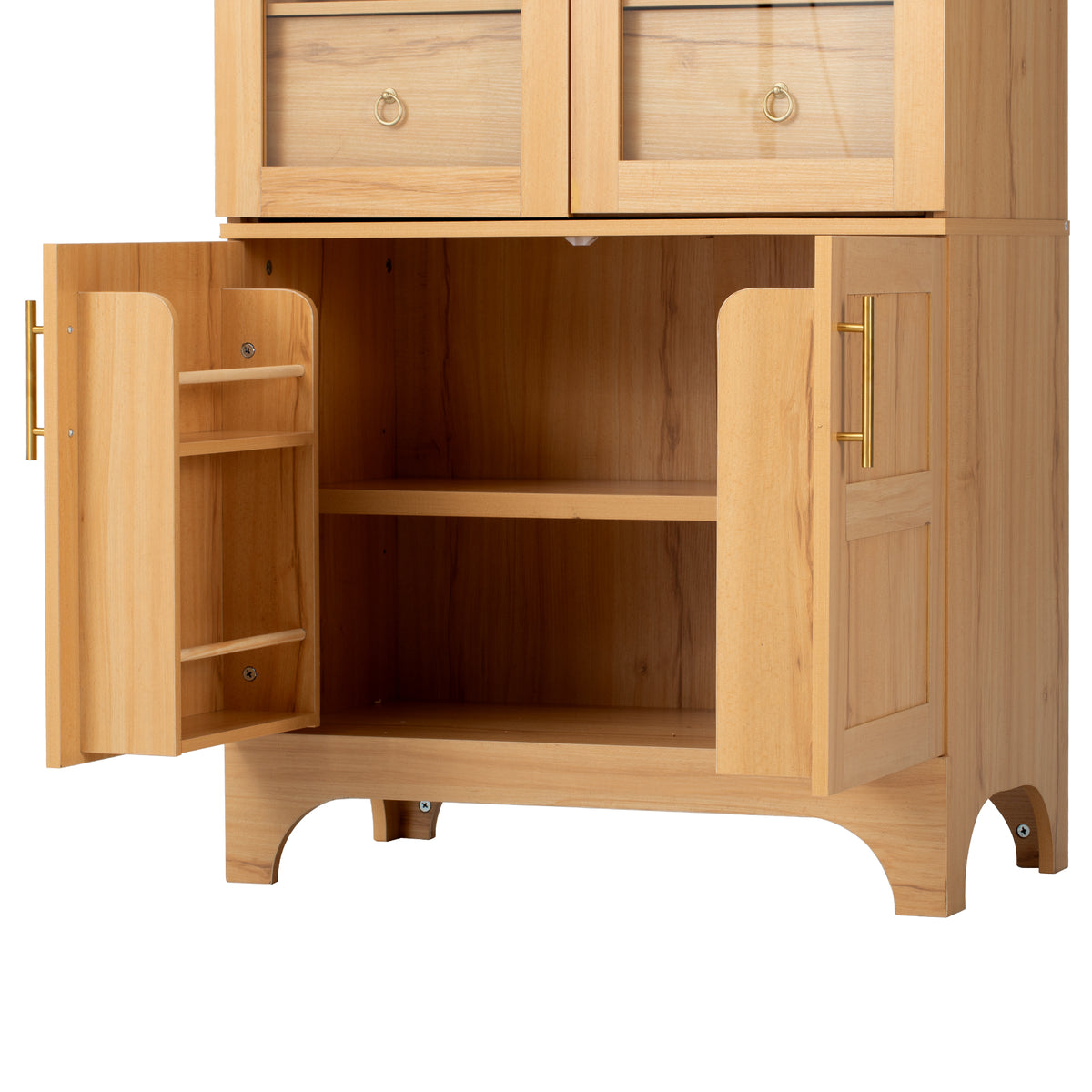 variant-group:rf-n707s288969y|Roomfitters 71" Pantry Cabinet with Arched Top & Glass Doors, 4-Door Storage Hutch with Adjustable Shelves for Kitchen, Natural