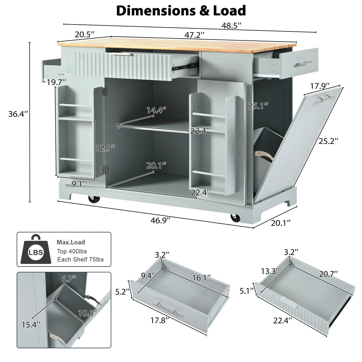 variant-group:rf-n707s221571g|Roomfitters Kitchen Island with Tilt Out Trash Can and Power Outlet, Fluted Storage Cabinet on Wheels, Grey+Blue