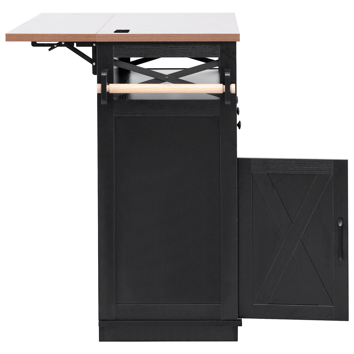 variant-group:rf-n707p254872b|Roomfitters 46.5" Rolling Kitchen Island with Drop Leaf, Mobile Cart with 2 AC Outlets & USB, Beaded Drape & 3 Drawers, Black