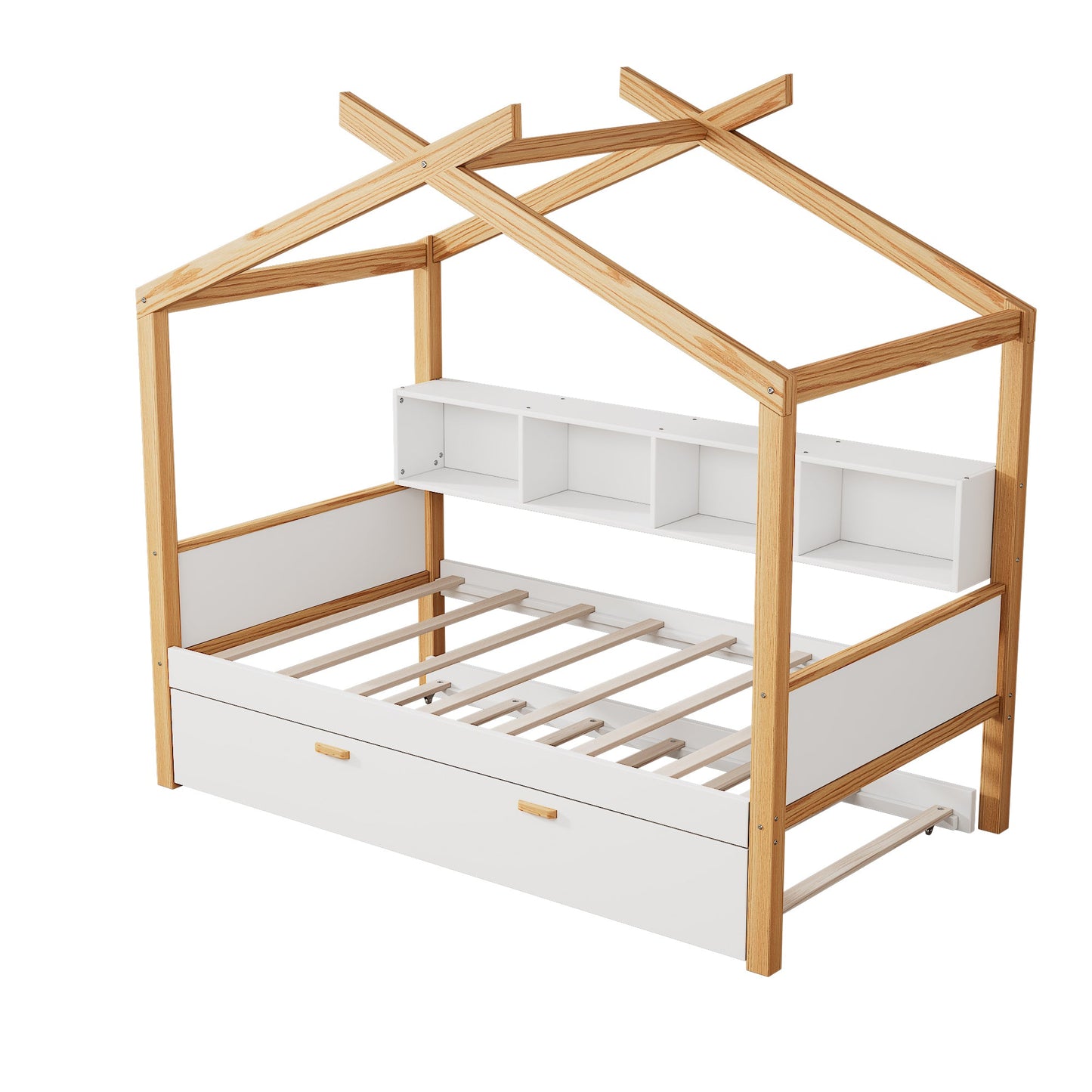 Roomfitters Twin Size Wooden House Bed Frame with Twin Trundle, Bookshelf Storage Furniture, No Box Spring, White Natural Roomfitters