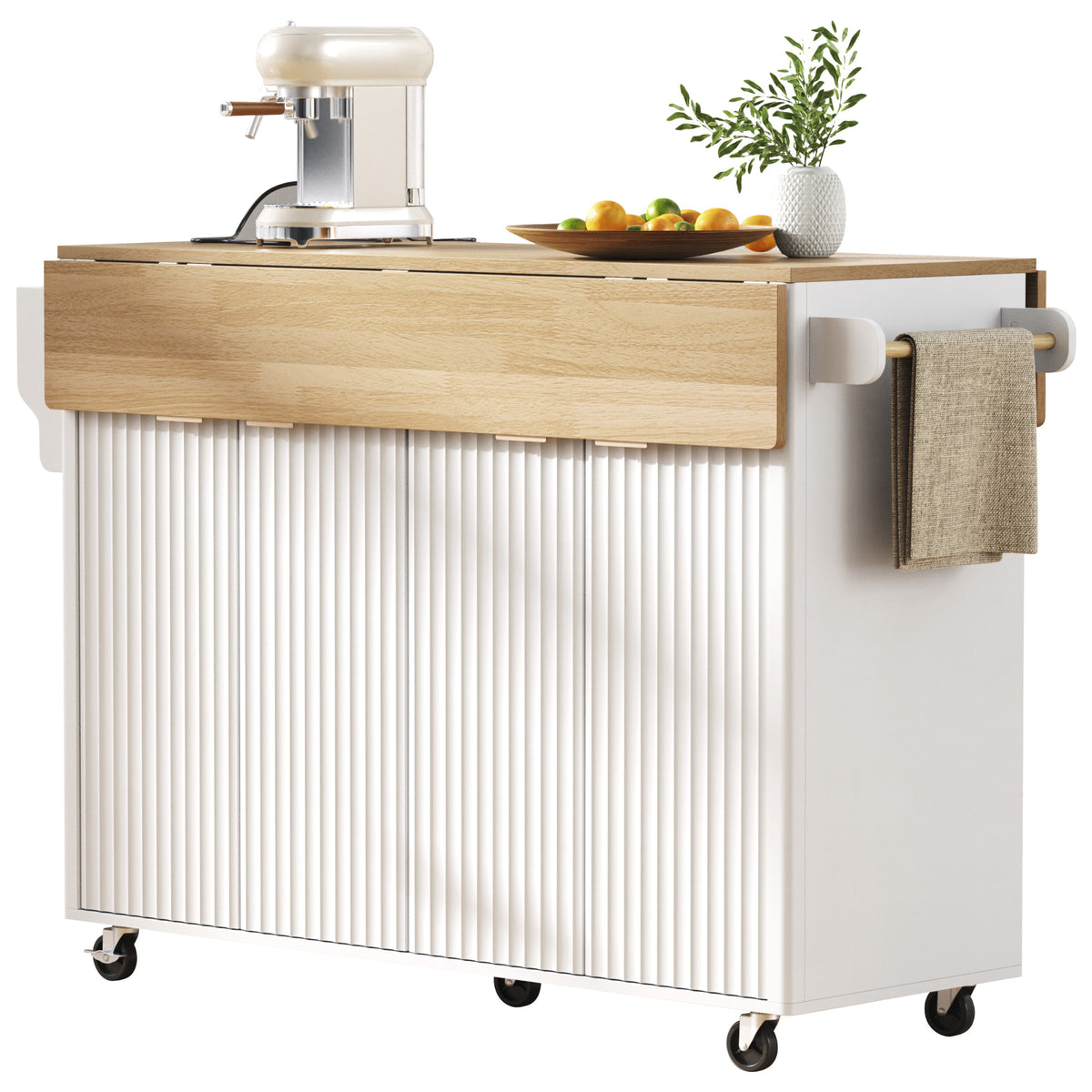 variant-group:rf-n707p353934w|Roomfitters 55.5" Fluted Kitchen Island with Double Drop Leaf, White Storage Cart with Power Outlet & Wood-grain Top
