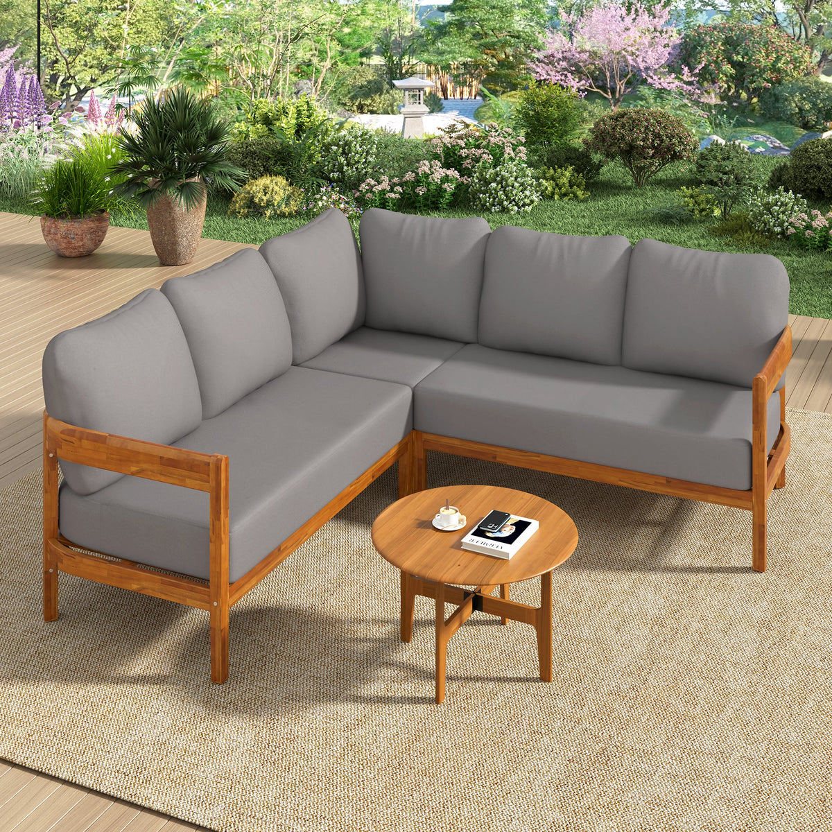 Roomfitters Modern Contemporary Slate Grey Solid Acacia Wood L-Shaped Outdoor Patio Sectional Sofa Conversation Seating Set Roomfitters