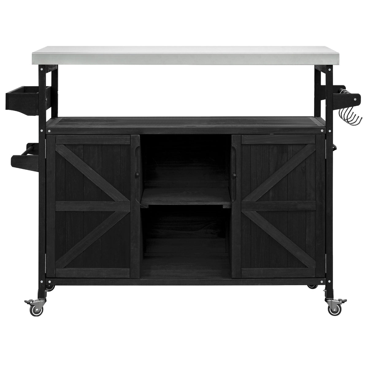 Roomfitters Outdoor Kitchen Island, Rolling Bar Cart with Storage Cabinet, Wood Grill Table, Stainless Steel Top, Spice Rack, Black