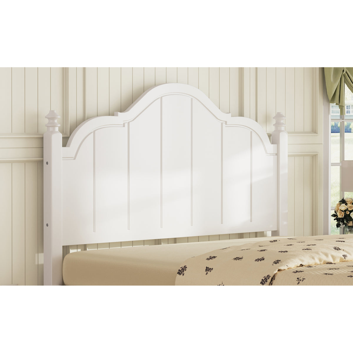 variant-group:rf-n733p360940k|Roomfitters Queen Wood Platform Bed Frame with Curved Headboard, Vintage Style Slat Support, No Box Spring Required, White