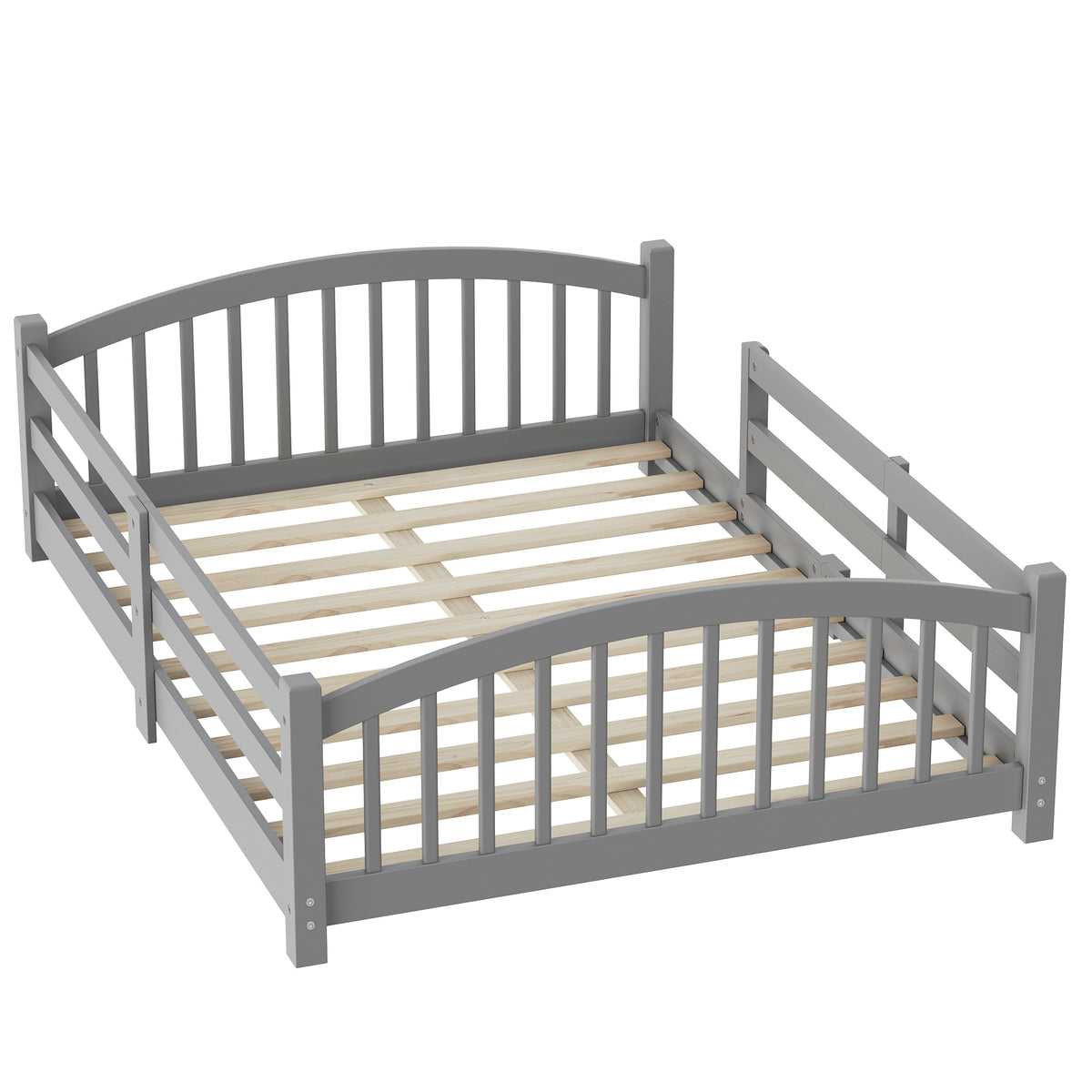 variant-group:rf-n733p400299e|Roomfitters Full Montessori Floor Bed with Guardrails, Solid Wood Low Platform Bed with Slats, Easy Assembly, Gray