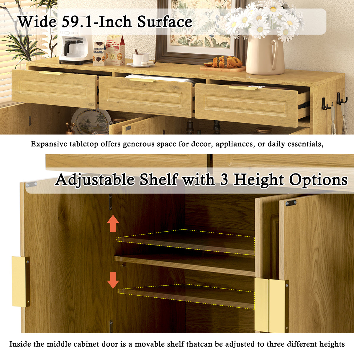 variant-group:rf-n711p345213o|Roomfitters 59.1" Farmhouse Sideboard Buffet Cabinet with 3 Drawers and 4 Doors, Kitchen Storage with Open Shelf, Natural