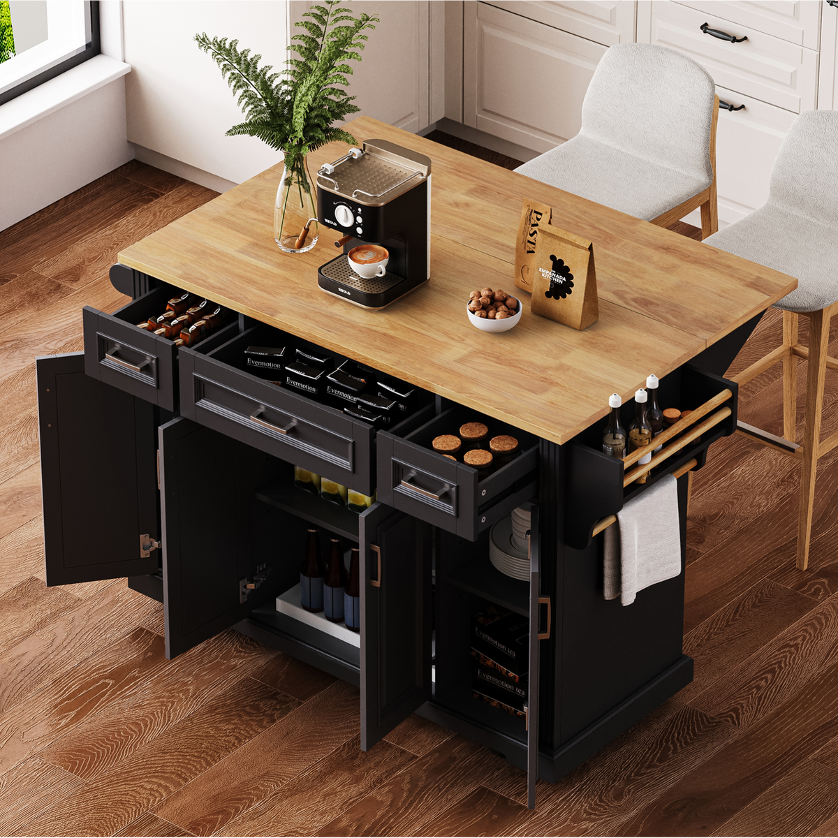 variant-group:rf-n707s195395b|Roomfitters 54" Kitchen Island with Wood Top, Rolling Storage Cabinet with 3 Drawers and 3 Doors, Spice Rack, Black