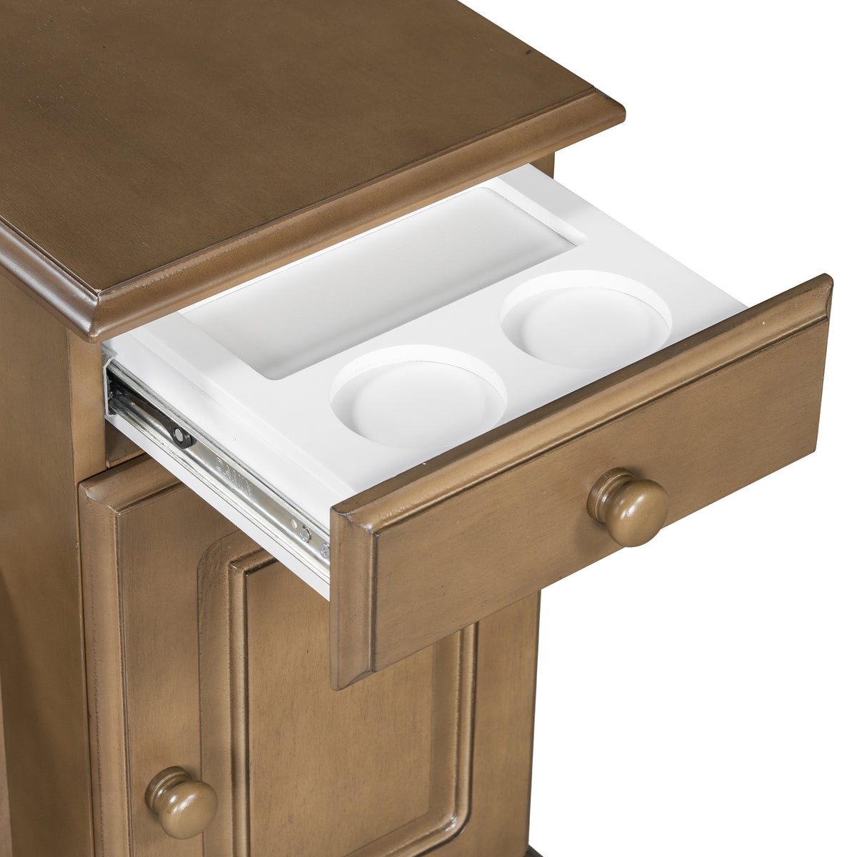 variant-group:rf-n724p293133d|Roomfitters Vintage Sofa Side Table with USB Ports, Flip Top, Cup Holders and Bookshelf Storage for Small Spaces, Brown