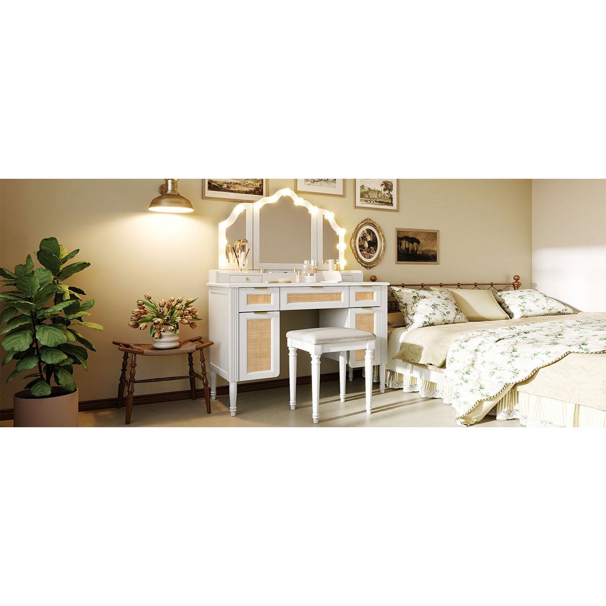 Roomfitters 44.37" Makeup Vanity with Lighted Tri-fold Mirror, French Vintage Rattan Dressing Table, Drawers and Stool, White Roomfitters