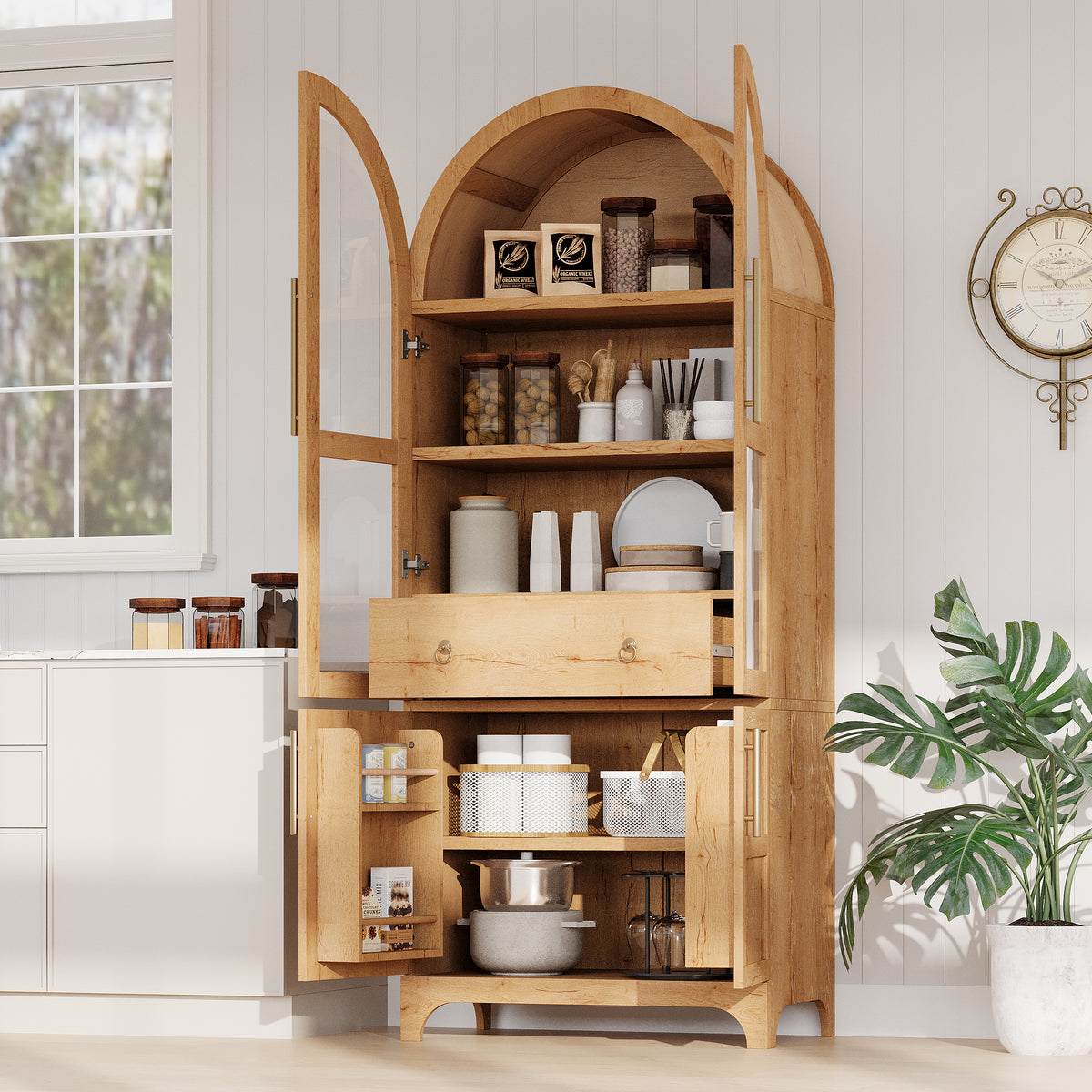 variant-group:rf-n707s288969y|Roomfitters 71" Pantry Cabinet with Arched Top & Glass Doors, 4-Door Storage Hutch with Adjustable Shelves for Kitchen, Natural