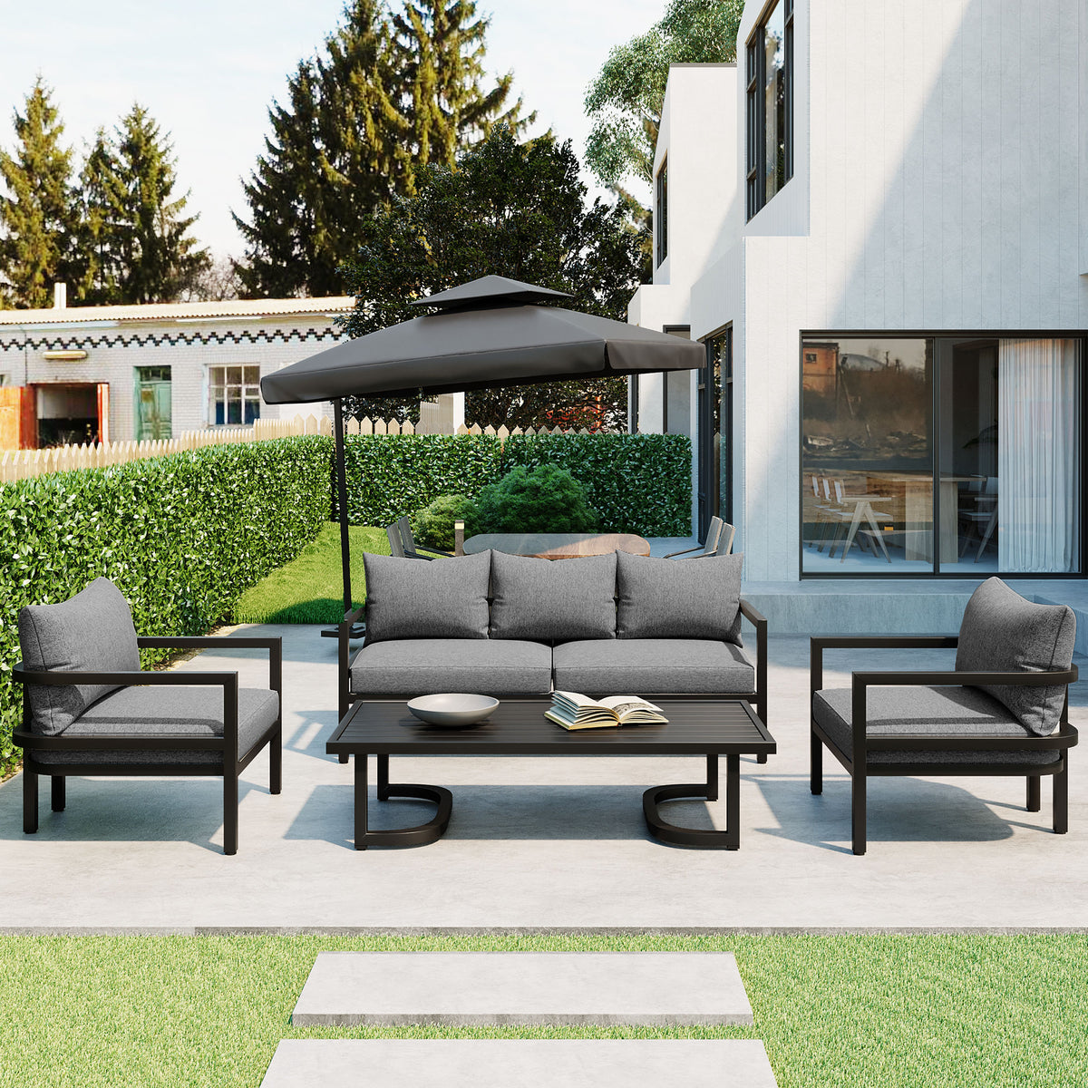 variant-group:rf-n711wy000470aae|Roomfitters 4-Piece Outdoor Steel Sofa Set with Coffee Table, 3-Seater Couch and 2 Armchairs for Patio Garden, Gray