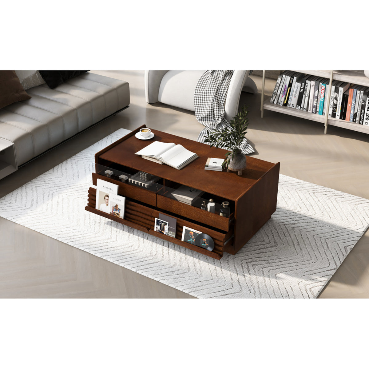 variant-group:rf-n724p286421d|Roomfitters Rectangle Coffee Table with Fluted Style, 4 Storage Compartments and Glass Display Shelves, Brown