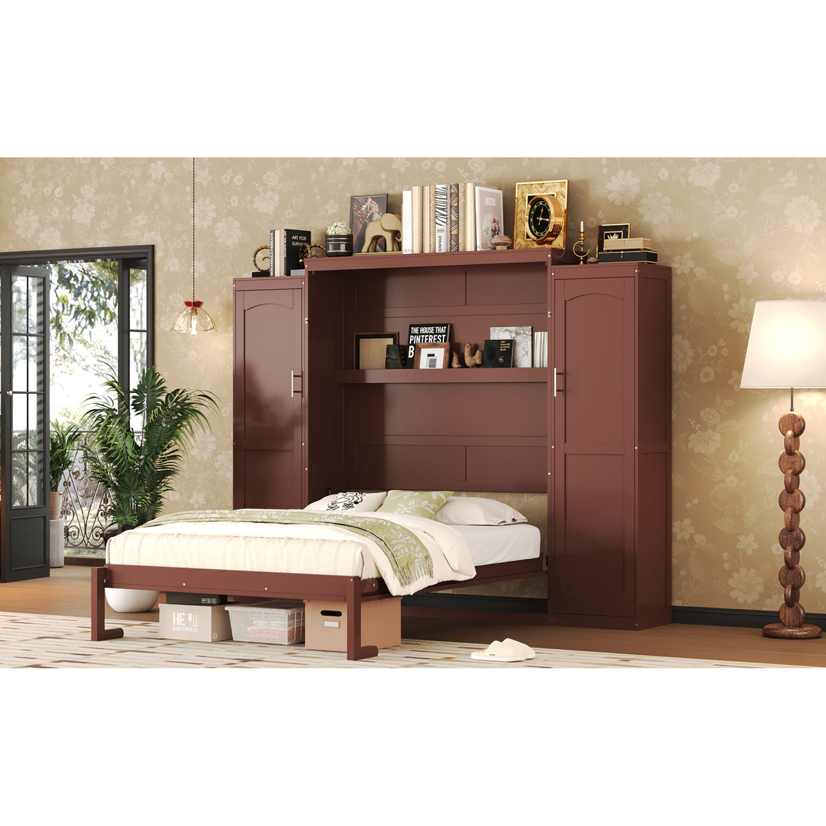 variant-group:rf-n733s235596d|Roomfitters Full Murphy Wall Bed with Two Wardrobes and Storage Shelf, Foldable Platform Bed Frame for Guest Room, Walnut