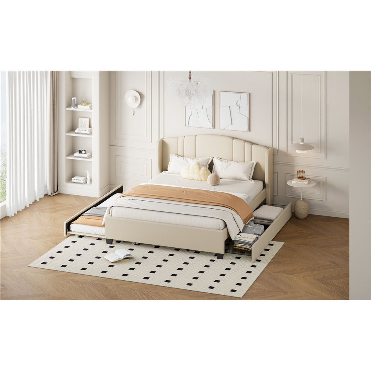 variant-group:rf-n733s208132a|Roomfitters Twin Size Trundle Upholstered Platform Bed with Wingback Headboard and 2 Drawers, No Box Spring Needed, Linen Fabric, Queen Size, Beige