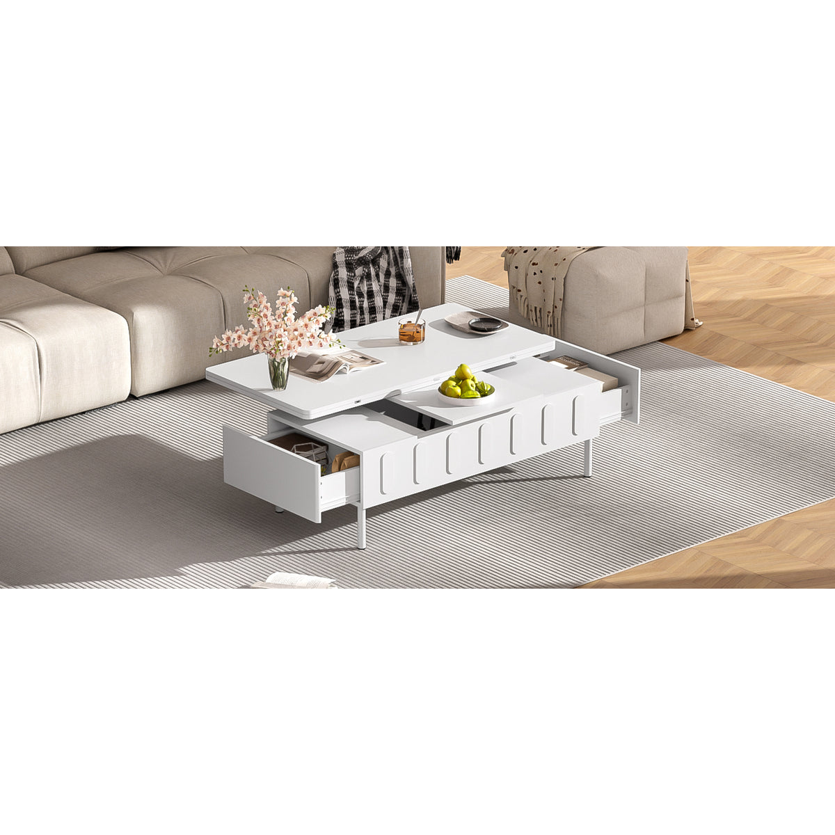 variant-group:rf-n724p292514k|Roomfitters Lift-Top Coffee Table with 2 Drawers and Foldable Top, Hidden Storage Compartment, Adjustable Center Table, White
