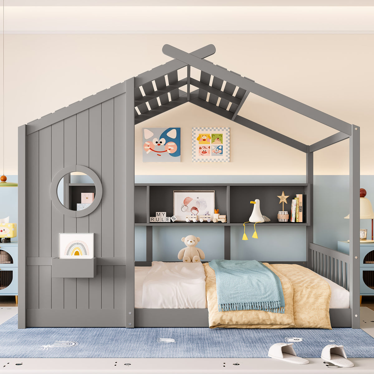 variant-group:rf-n733p335068e|Roomfitters Full Size Floor House Bed with Storage Shelf and Roof Design, Montessori Playhouse Bed, Gray