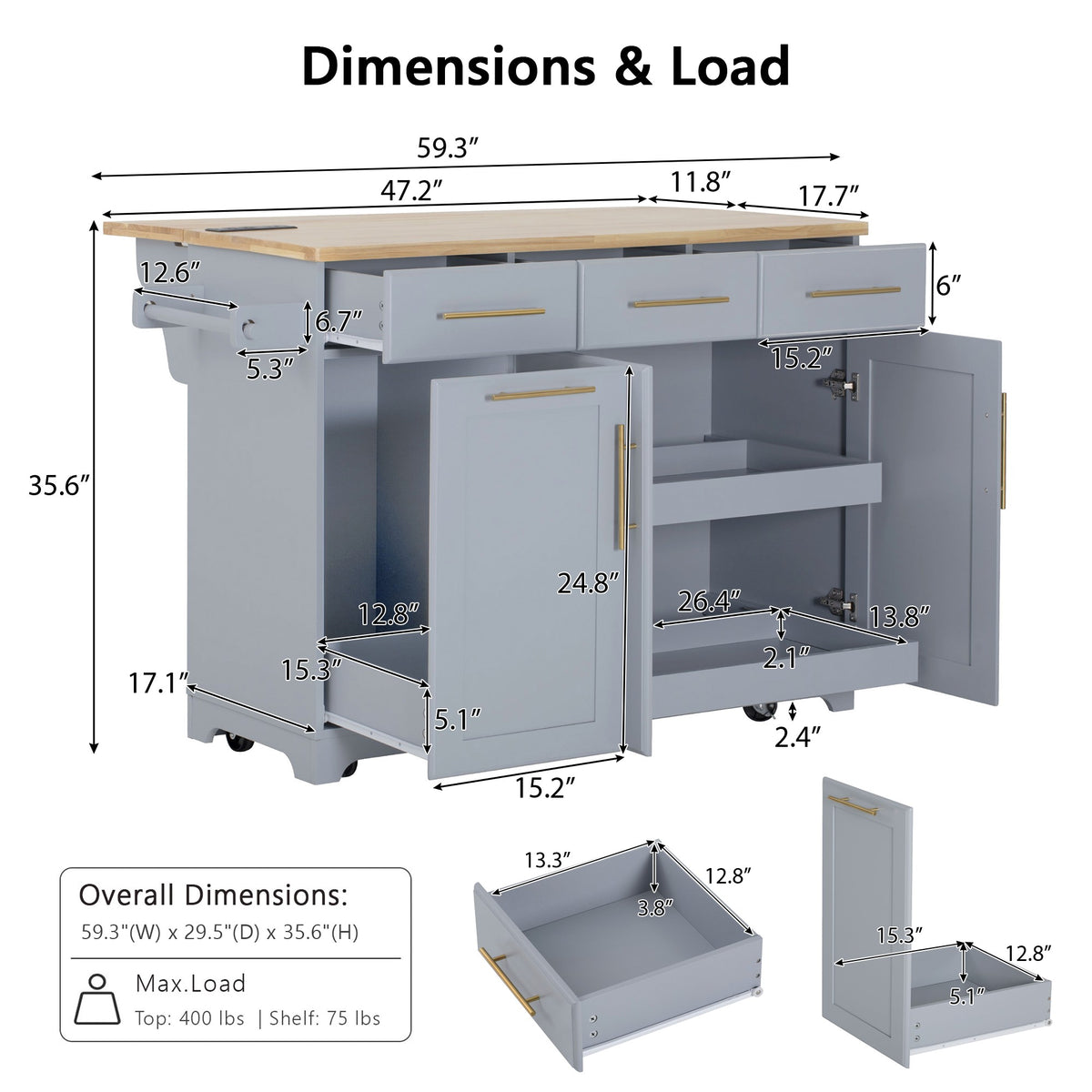 variant-group:rf-n707s299014g|Roomfitters 59.3" Kitchen Island with Power Outlet, Drop Leaf and Double Trash Can Pull Out, Rolling Cart, Grey+Blue
