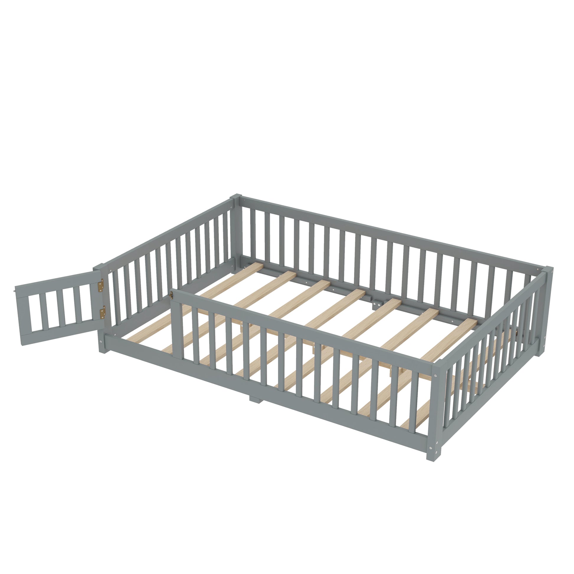 variant-group:rf-w1580p338951|Roomfitters Wooden Full Floor Bed Frame with Door & Safety Guardrails, Low Platform Design for Bedroom or Playroom, Gray