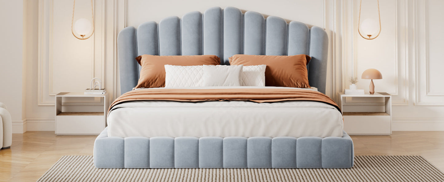 Roomfitters Queen Size Shell-Shaped Velvet Upholstered Platform Bed, Channel Tufted Headboard, No Box Spring Needed, Light Blue Roomfitters