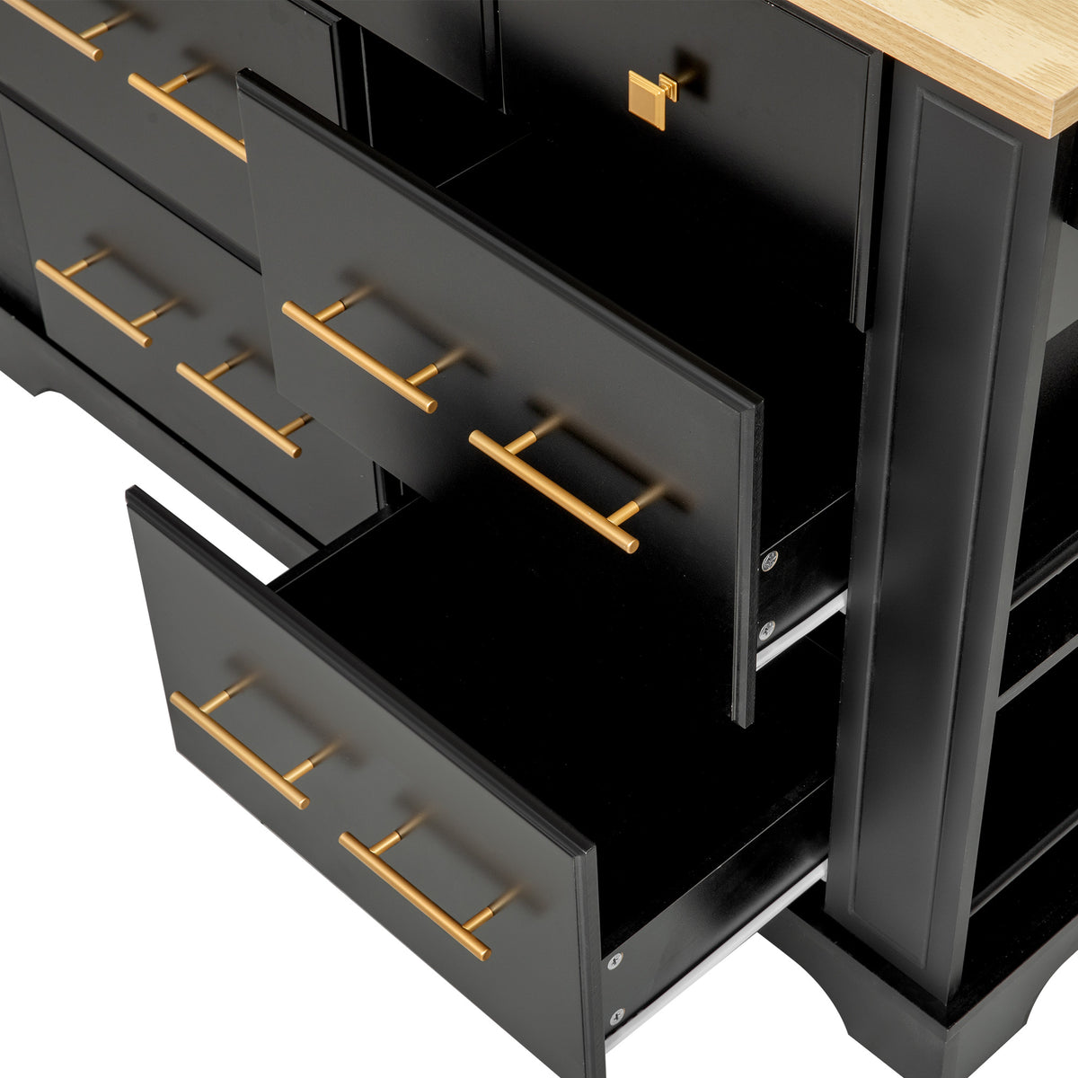 variant-group:rf-n707s307292b|Roomfitters 51" Kitchen Island with Power Outlet and Drop Leaf, Rolling Cabinet with Pull-Out Trash Can Drawer, Black