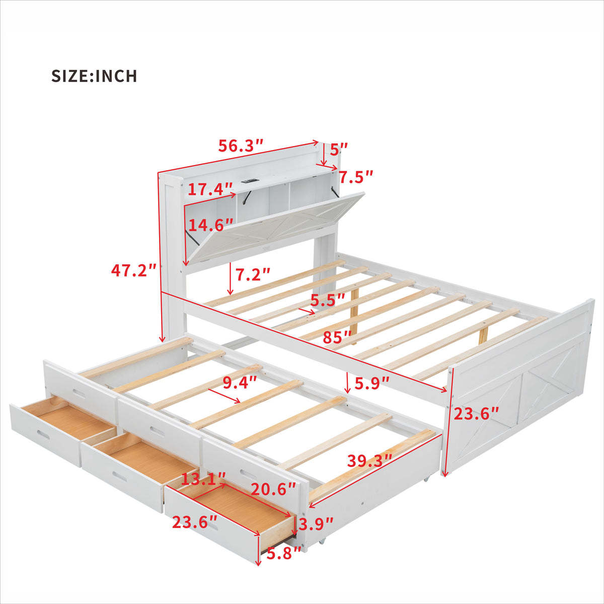variant-group:rf-n733s172712k|Roomfitters Full Size Wooden Bed with Storage Headboard, Integrated Outlets, Extendable Frame with Twin Trundle and Additional Storage, White