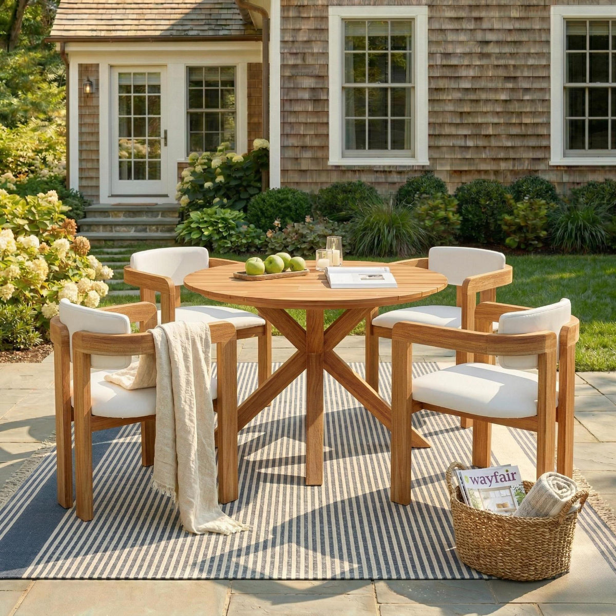 variant-group:rf-n704g201258a|Roomfitters 5-Piece Outdoor Acacia Wood Round Dining Set with Ergonomic Barrel Armchairs Beige Cushions