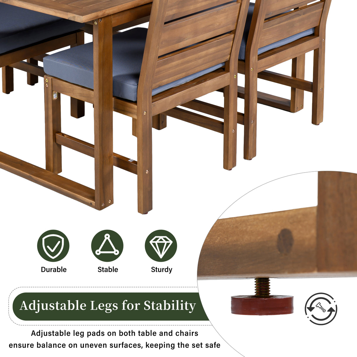 variant-group:rf-n711wy000497aae|Roomfitters Farmhouse 5-Piece Outdoor Dining Set for 4, Acacia Wood Table and Chair Pack, Brown and Grey Slatted