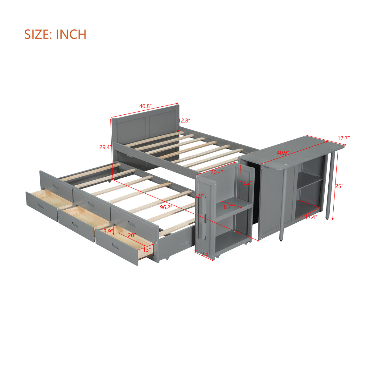 variant-group:rf-n733s212832e|Roomfitters Twin Size Multifunctional Wood Platform Bed with Desk and Storage Shelf, Built-in Trundle and Storage, Grey