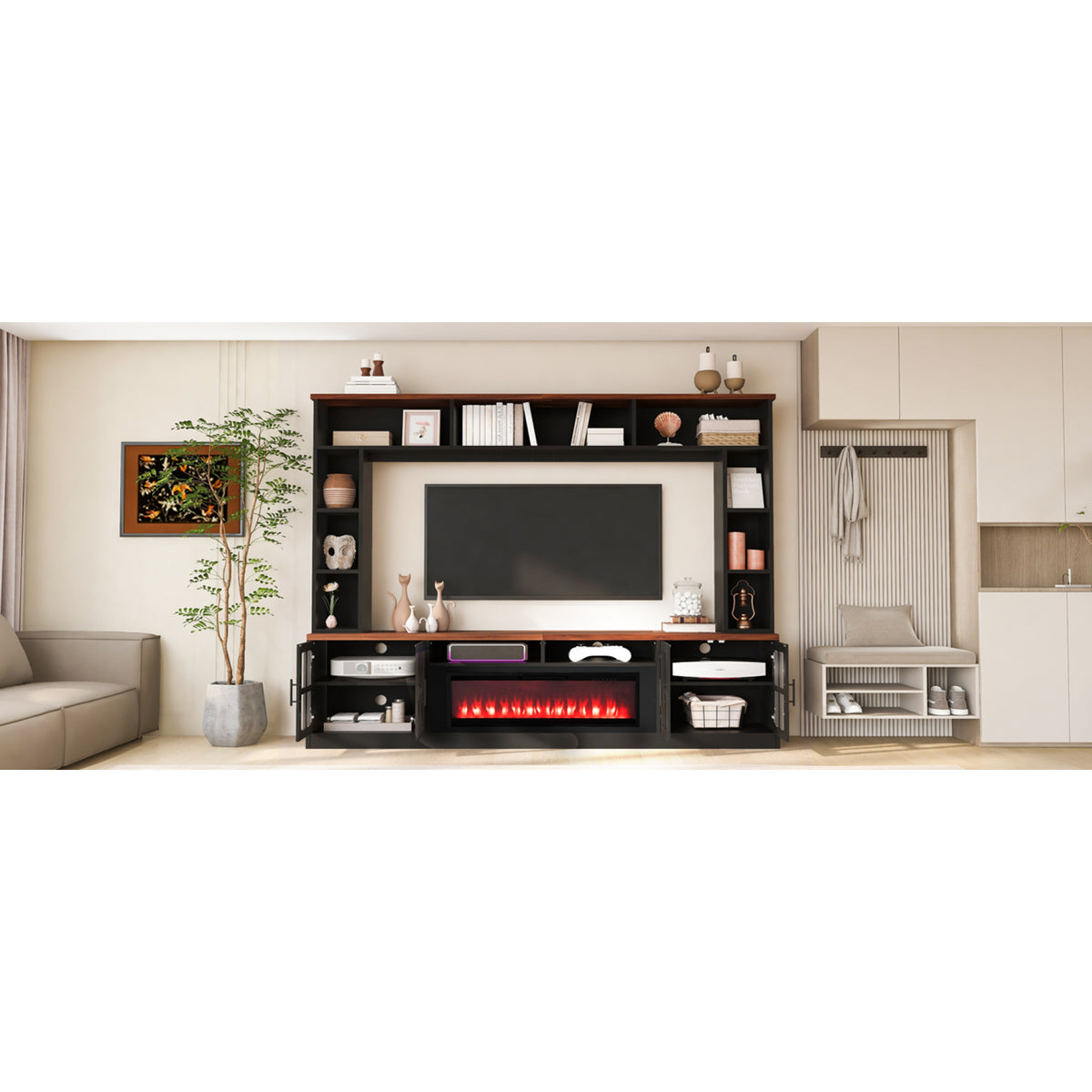 variant-group:rf-n724sj000159aab|Roomfitters 95.5"W Large Wall Unit Entertainment Center, 39" LED Fireplace, Black & Brown
