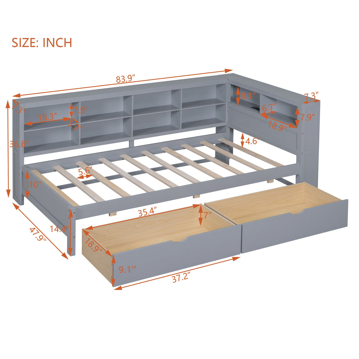 variant-group:rf-n733s347768e|Roomfitters Wooden Twin Daybed with Underbed Storage, Built-In Shelf & USB Charging Ports, Gray