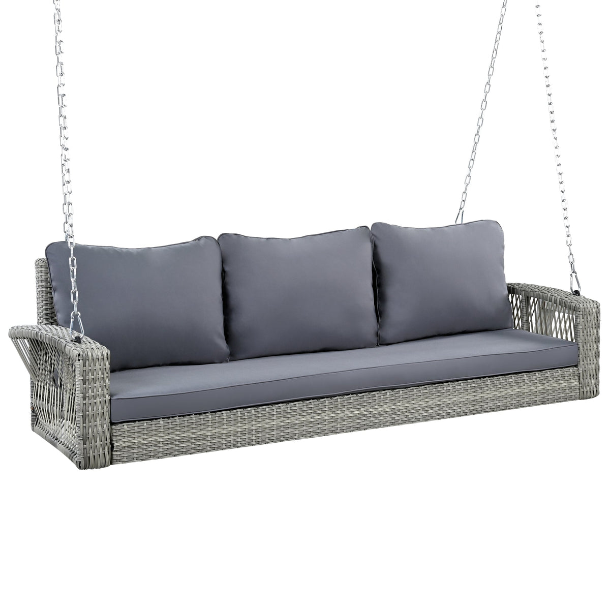 Roomfitters 69" PE Wicker 3-Person Porch Swing, Large Patio Swing Bench with Chains & Cushions, Backyard & Garden, Gray Roomfitters
