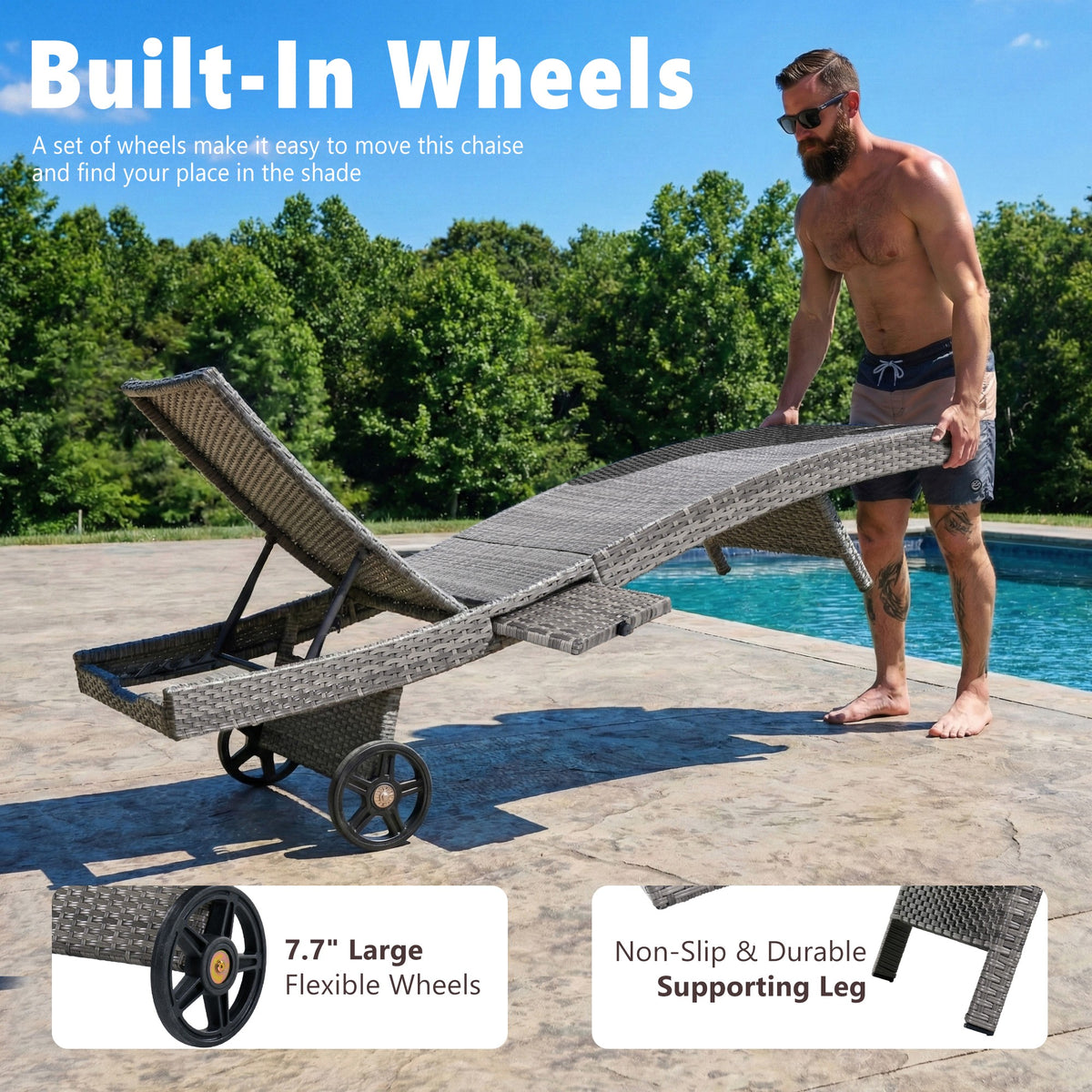 variant-group:rf-n707p395515e|Roomfitters 80"W Patio Chaise Lounge Chairs Set of 2 with Wheels, Folding Table, Adjustable Rattan Loungers, Grey