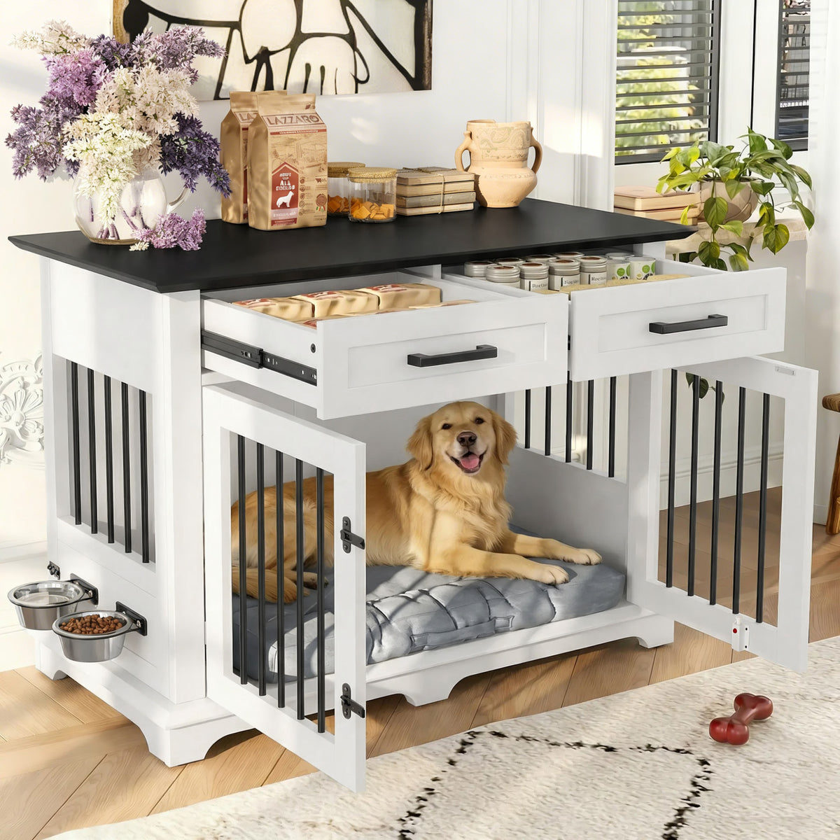 variant-group:rf-n704p379112k|Roomfitters 44-Inch Decorative Dog Crate Furniture Indoor Wooden Kennel End Table with 360 Rotating Bowls White and Black