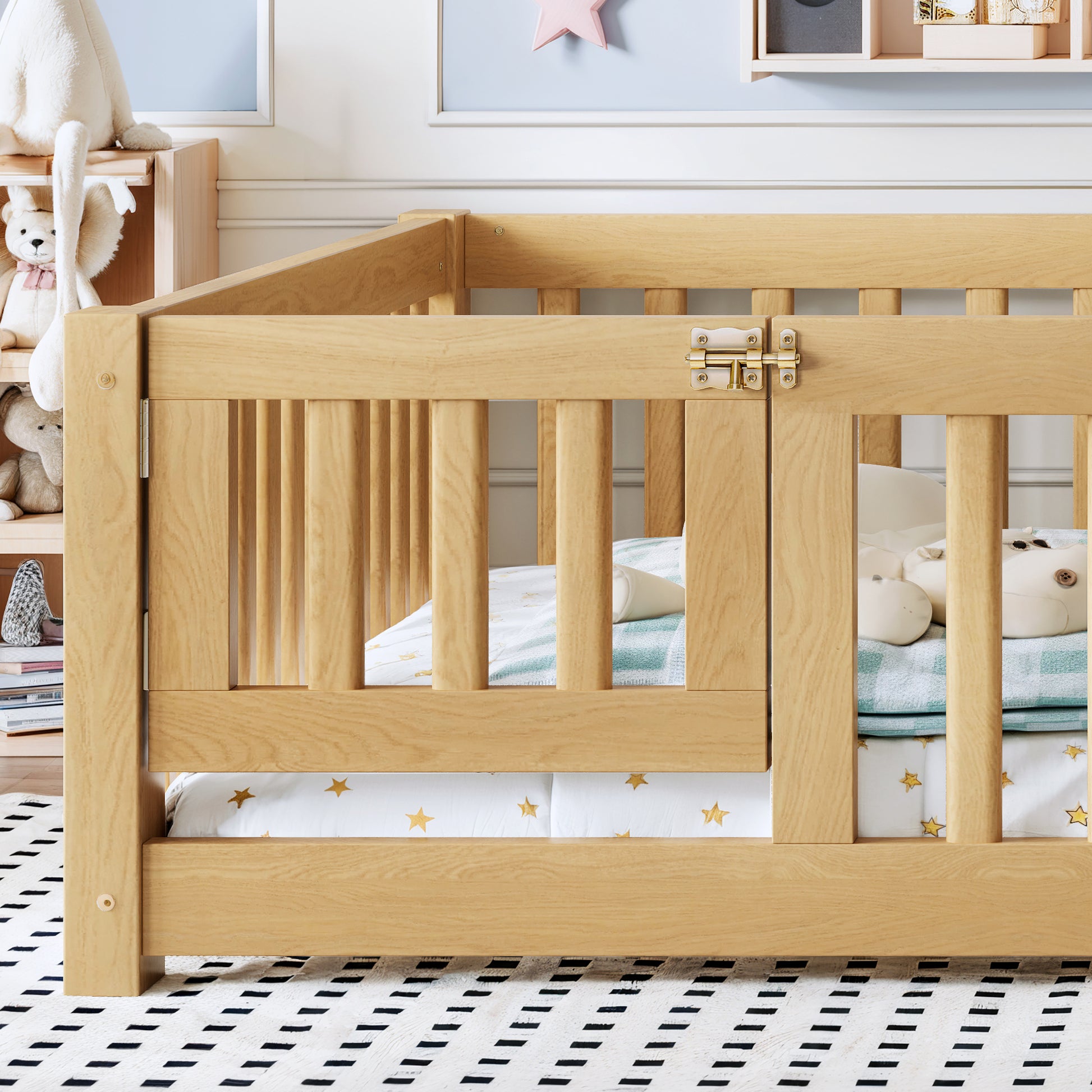 variant-group:rf-w1580p462323|Roomfitters Full Size Wooden Floor Bed Frame with Safety Guardrails Door, Solid Wood Low Profile Toddler Play Bed, Natural