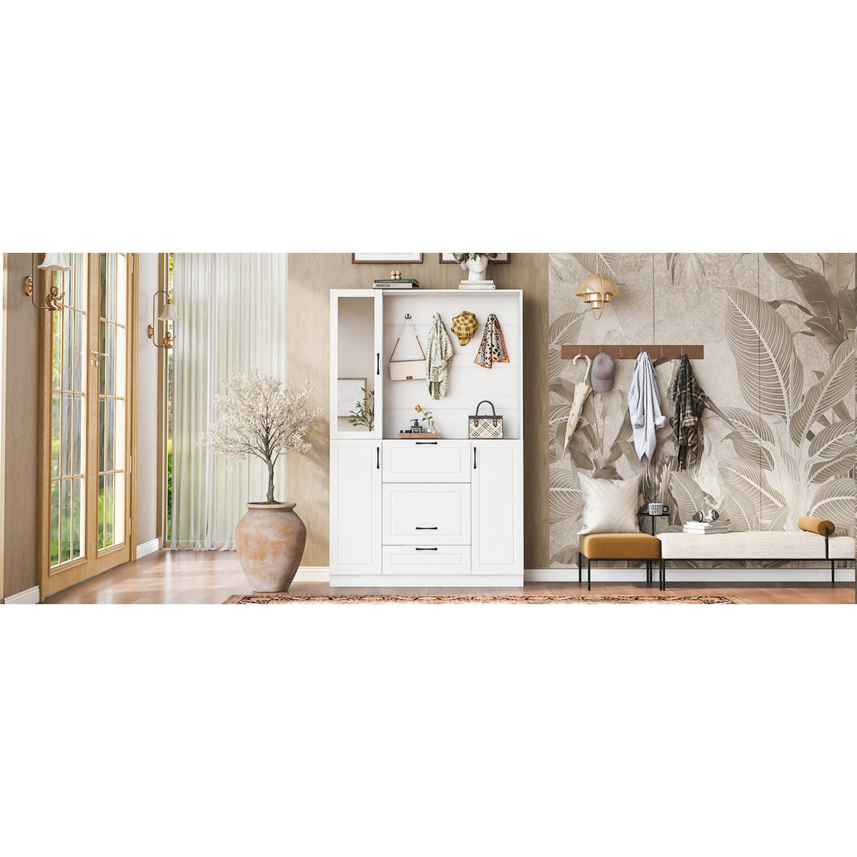 Roomfitters Entryway Bench with Shoe Cabinet and Mirror Door, Foldable Seat and 4 Hooks, White Roomfitters