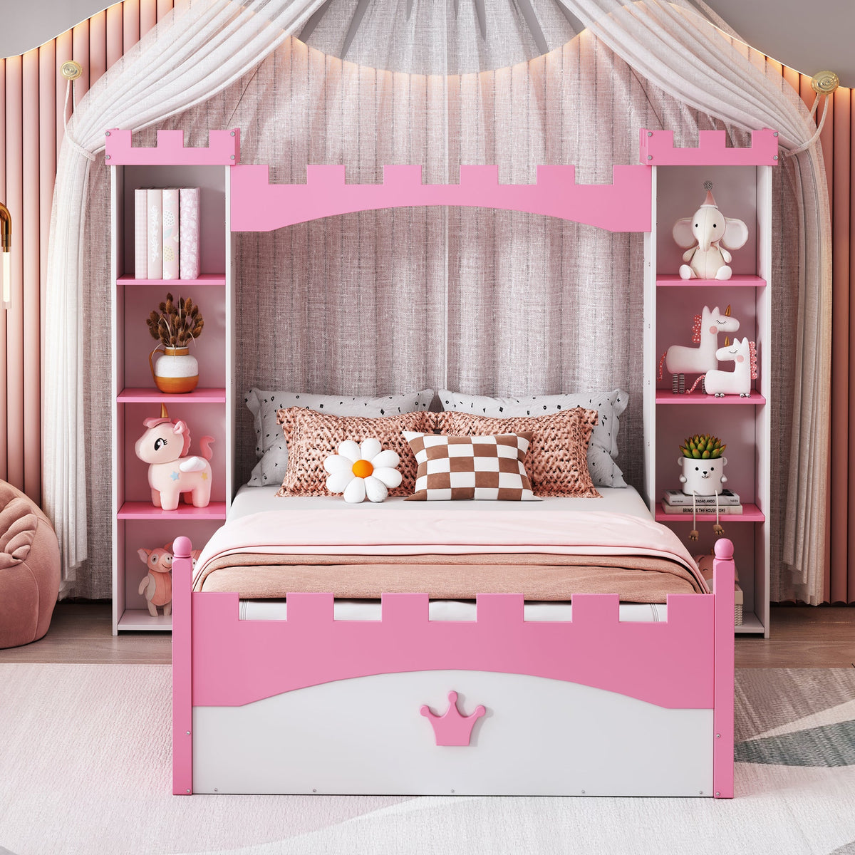 Roomfitters Castle-Shaped Wooden Bed with Storage Shelf, Dreamy Twin Size Platform Bed with Charming Aesthetic, White+Pink