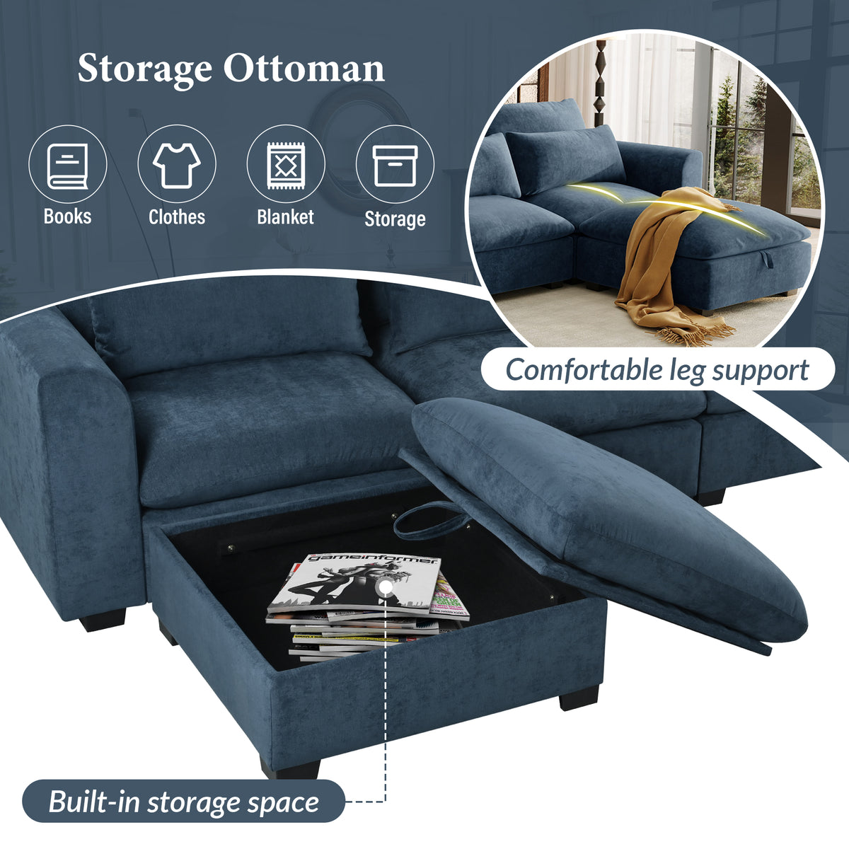 variant-group:rf-n711wy000491aac|Roomfitters 131.3-Inch Modern U-Shaped Sectional Sofa, 6-Seater Linen Blend Couch, 2 Storage Ottomans, Pit Lounge, Dark Blue