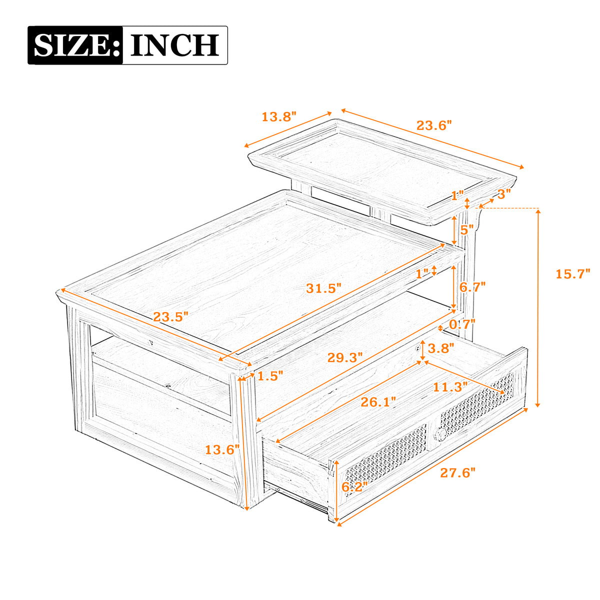 variant-group:rf-n724p232190n|Roomfitters Modern Coffee Table with Open Shelf, Dual Tabletops and Rattan Accent Storage, Natural