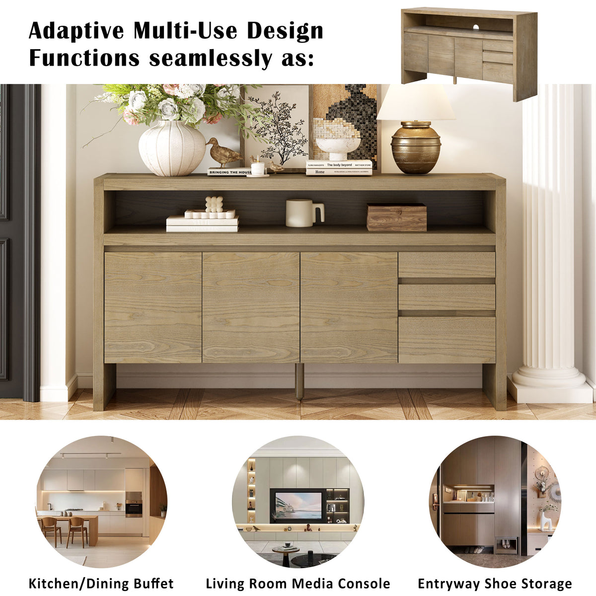 variant-group:rf-n711p289141o|Roomfitters 60" Modern Solid Wood Veneer Sideboard with 3 Doors & 3 Drawers, Open Shelf & Cable Cutout, Large Storage Cabinet for Dining, Hallway, Living Room, Natural