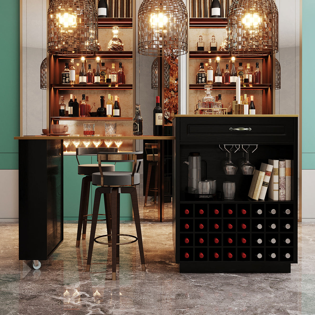 variant-group:rf-n711wy000493aab|Roomfitters Black and Natural Wood MDF Extendable Bar Cabinet, Rolling Kitchen Island Table, Wine Rack Storage