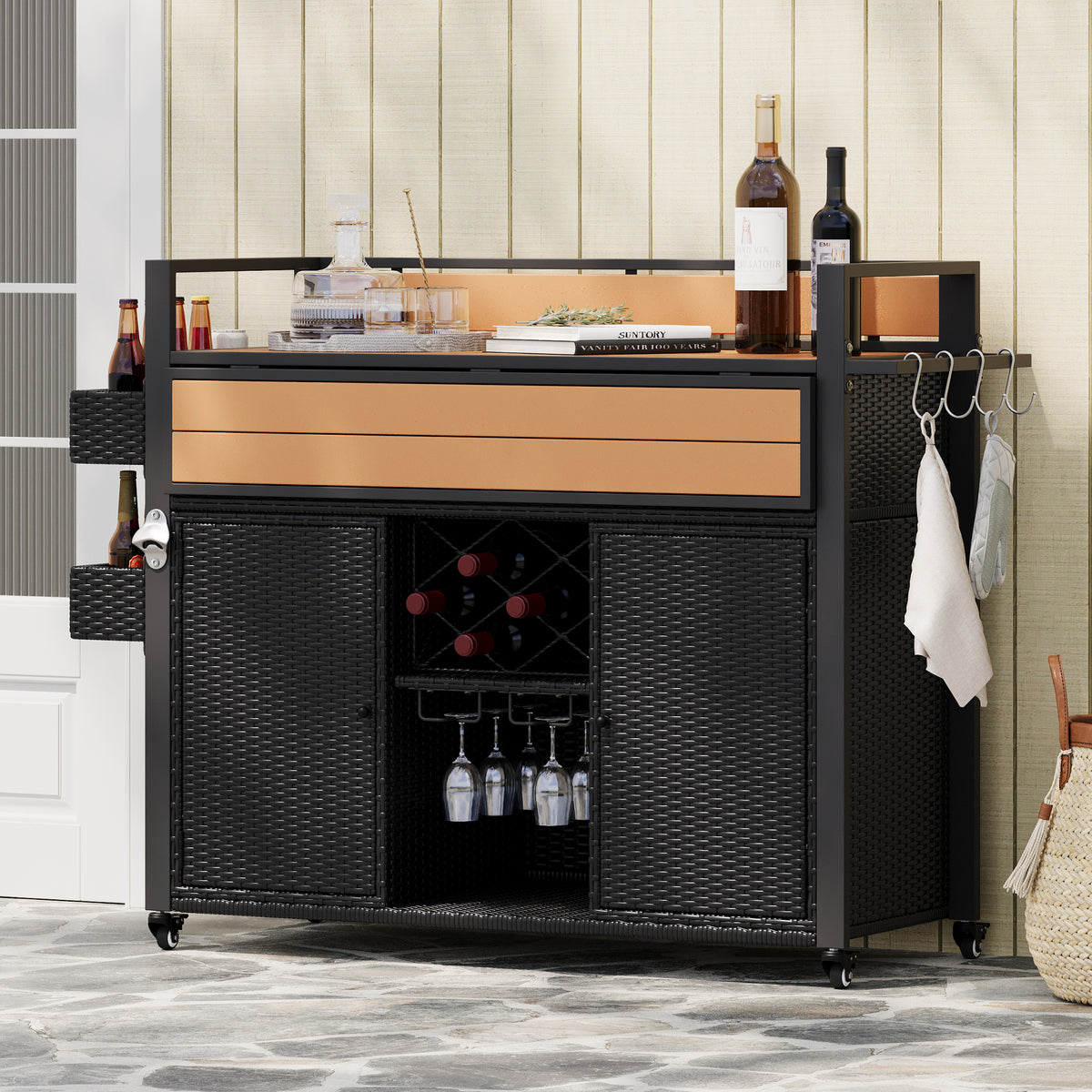 variant-group:rf-n707p233747b|Roomfitters 52.8" Wicker Outdoor Grill Cart with Plastic Wood Table, Rolling Island with Storage Cabinet, Double Handles, Black Brown