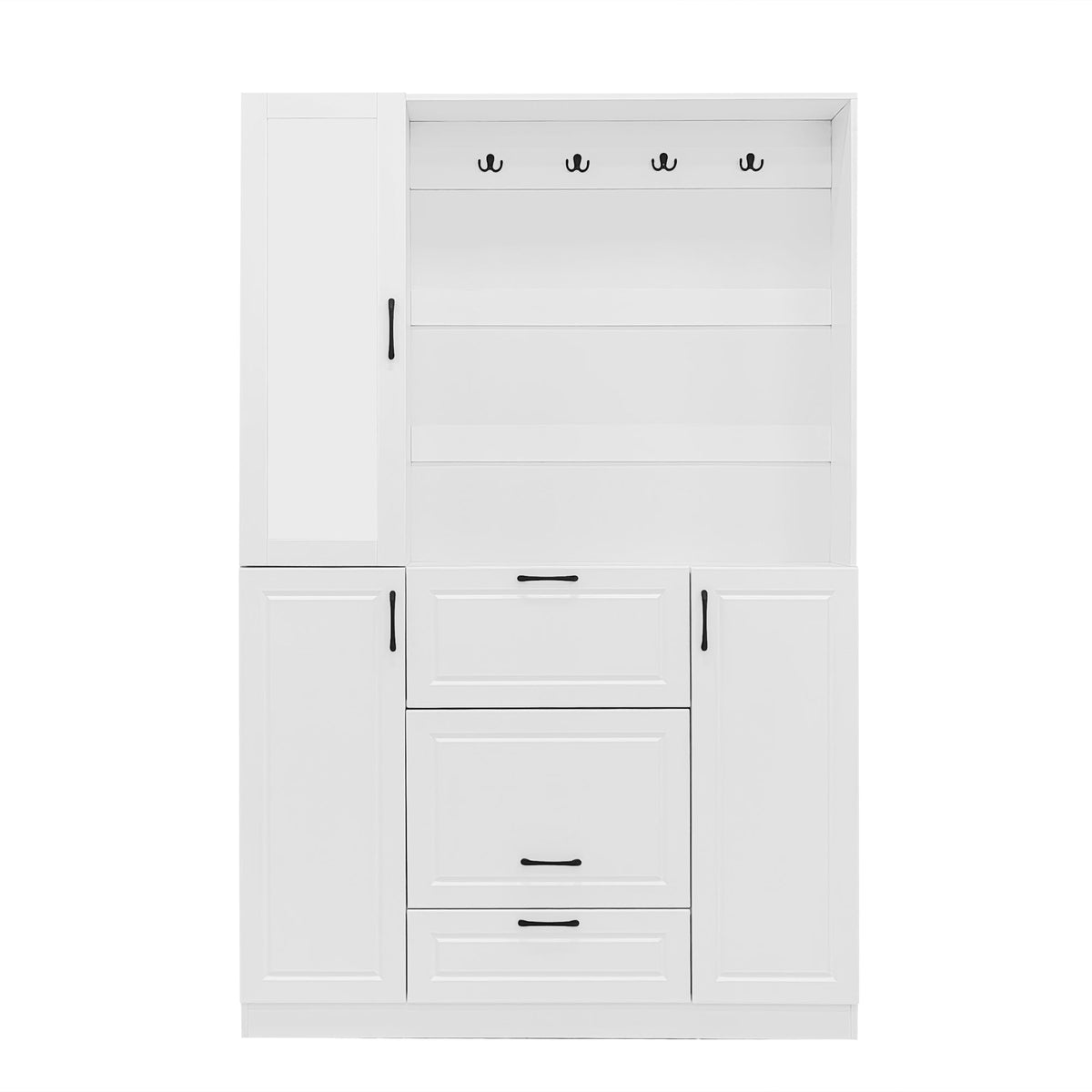 Roomfitters Entryway Bench with Shoe Cabinet and Mirror Door, Foldable Seat and 4 Hooks, White Roomfitters