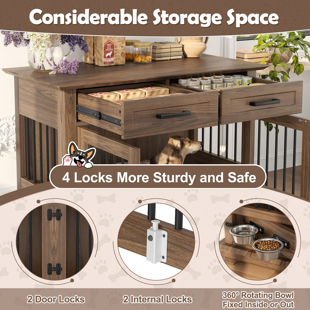 variant-group:rf-n704p379112d|Roomfitters 44-Inch Decorative Dog Crate Furniture Indoor Wooden Kennel End Table with 360 Rotating Bowls Brown