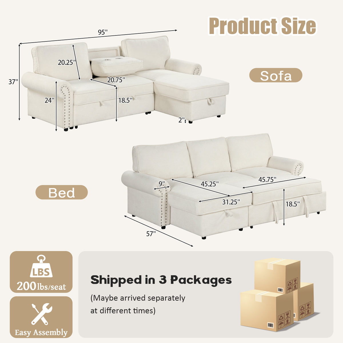 variant-group:rf-n711wy000466aaa|Roomfitters 95" Convertible Sectional Sleeper Sofa L-Shaped Couch with Storage Chaise and Pull Out Bed for Living Room, Beige