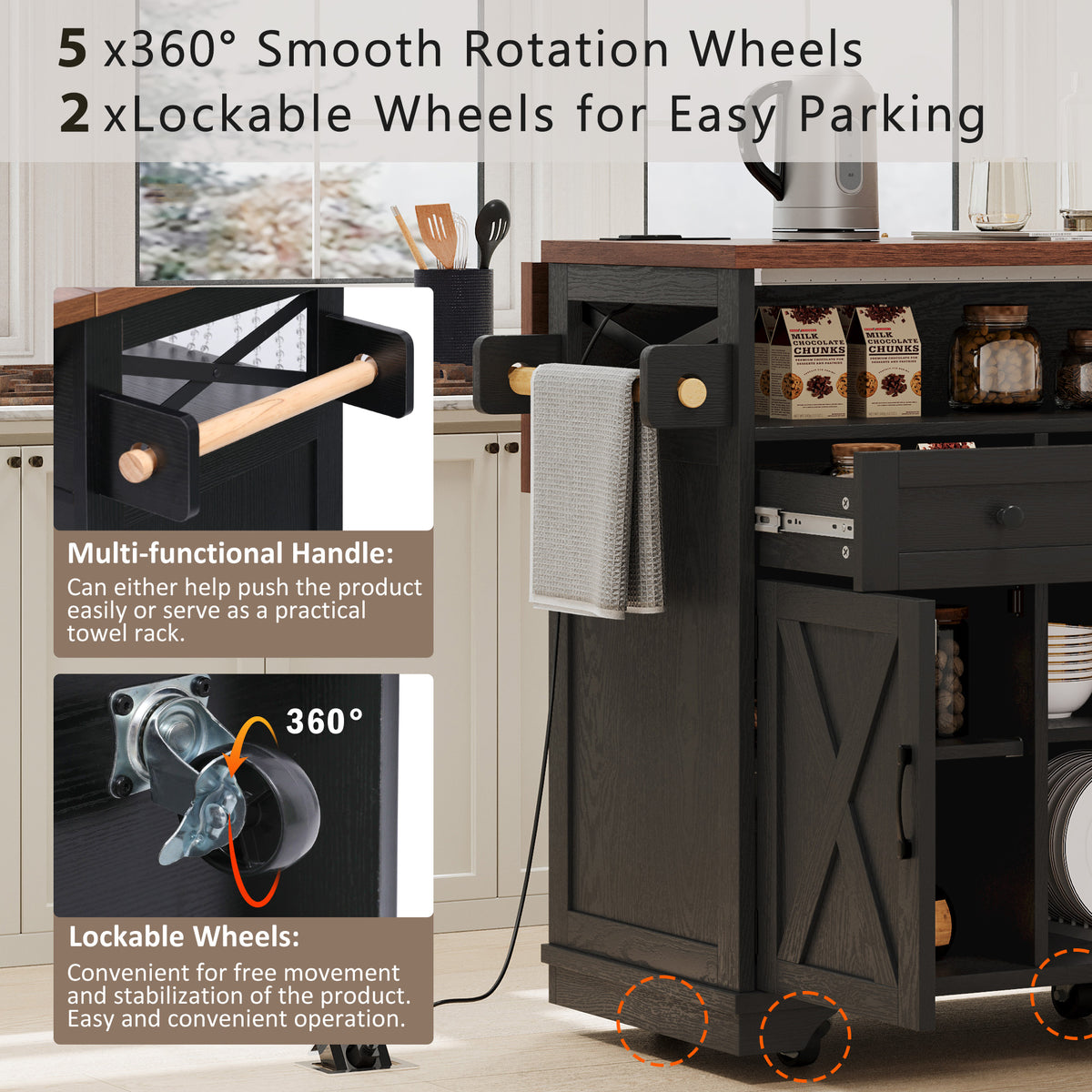 variant-group:rf-n707p254872b|Roomfitters 46.5" Rolling Kitchen Island with Drop Leaf, Mobile Cart with 2 AC Outlets & USB, Beaded Drape & 3 Drawers, Black