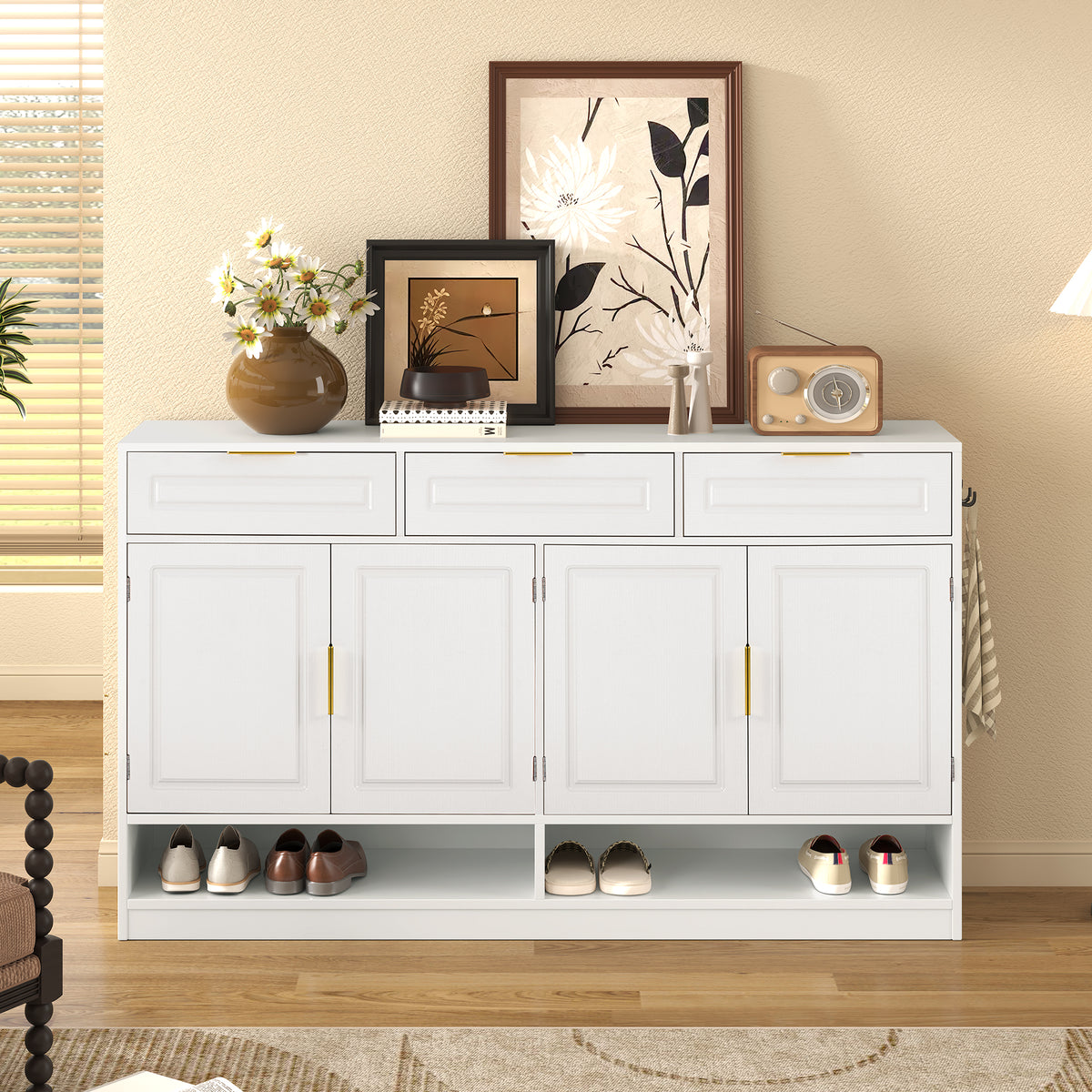 variant-group:rf-n711p345213k|Roomfitters 59.1" Farmhouse Sideboard Buffet Cabinet with 3 Drawers and 4 Doors, Kitchen Storage with Open Shelf, White