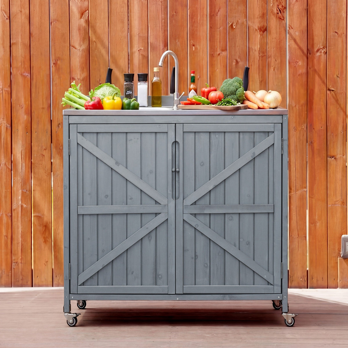 variant-group:rf-n707p370281g|Roomfitters 39.4" Outdoor Grill Cart with Stainless Steel Top, Prep Station with Sink and Storage Cabinet, Grey+Blue