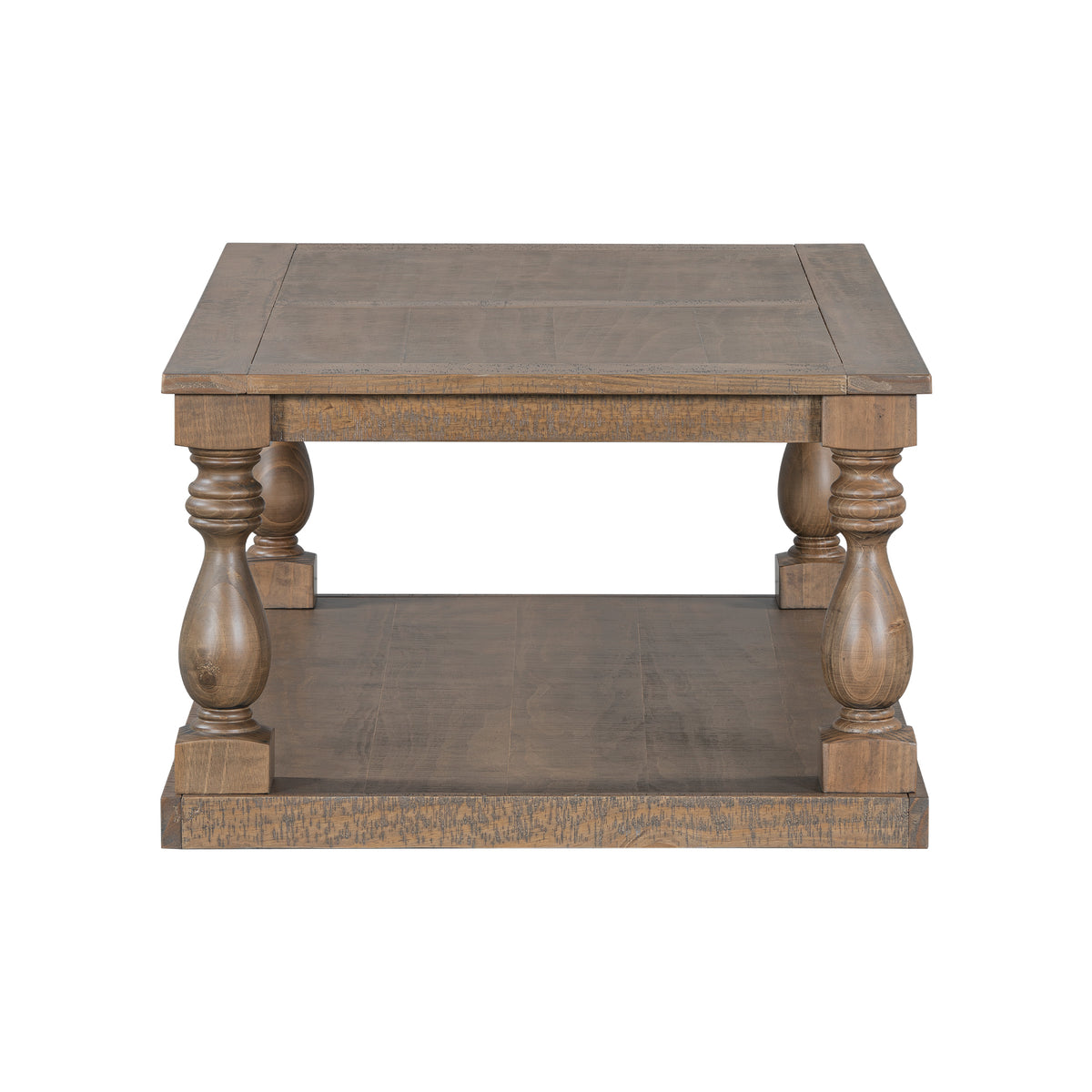 variant-group:rf-n711p407149d|Roomfitters Vintage Brown Pine Wood Coffee Table, Sculpted Vase Column Leg Cocktail Table, Living Room Statement Stand