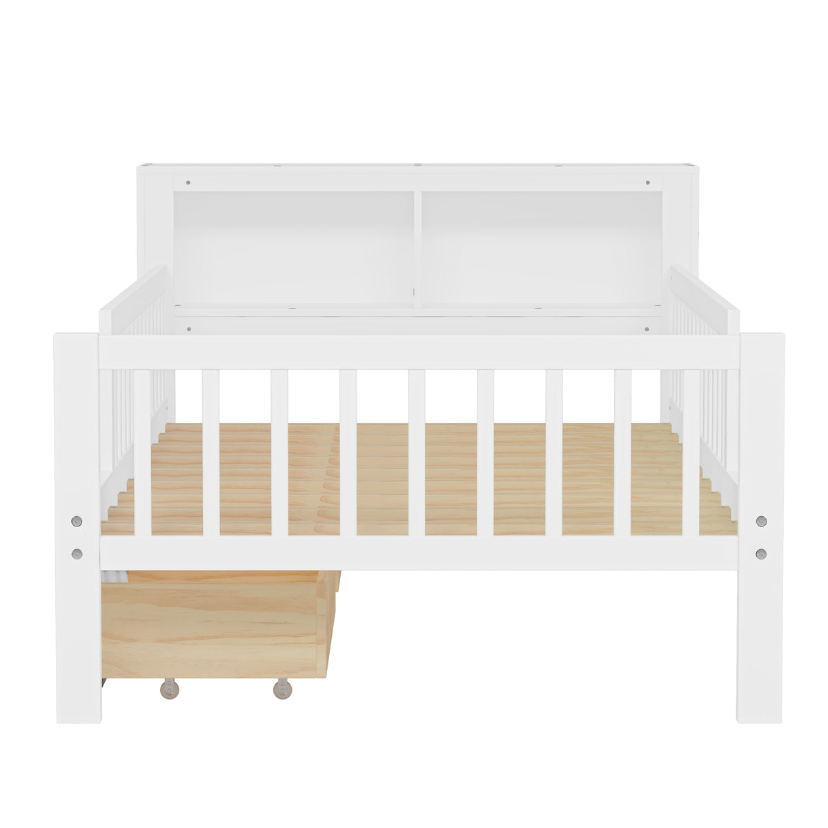 variant-group:rf-n733p272374k|Roomfitters Twin Bed with Headboard Storage Rack, Under-Bed Storage and Three-Side Guardrails, White